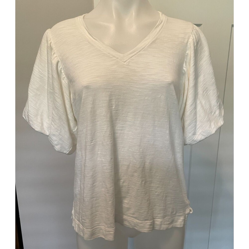 CHICOS Womens Knit TOP Short Puff Sleeve WHITE V-Neck Size 1 (M)